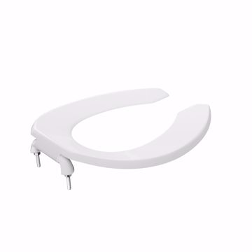 Picture of White Fire Retardant Plastic Toilet Seat, Open Front less Cover, Self-Sustaining Check Hinges, Elongated