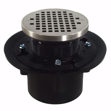 Picture of 2" x 3" Heavy Duty ABS Drain Base with 3-1/2" Plastic Spud and 5" Nickel Bronze Strainer with Ring