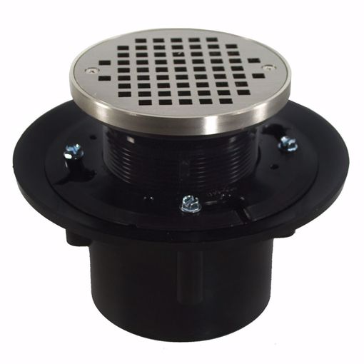 Picture of 2" x 3" Heavy Duty ABS Drain Base with 3-1/2" Plastic Spud and 5" Nickel Bronze Strainer with Ring