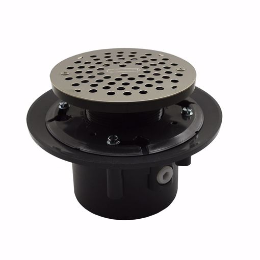 Picture of 3" x 4" Heavy Duty PVC Drain Base with 4" Plastic Spud and 6" Stainless Steel Strainer