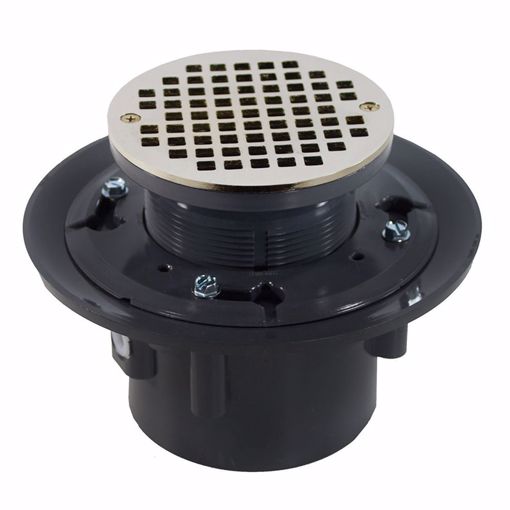 Picture of 3" x 4" Heavy Duty PVC Drain Base with 4" Plastic Spud and 6" Nickel Bronze Strainer