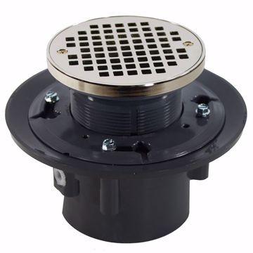 Picture of 3" x 4" Heavy Duty PVC Drain Base with 4" Plastic Spud and 6" Nickel Bronze Strainer with Ring