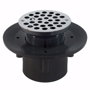 Picture of 3" x 4" Heavy Duty PVC Slab Drain Base with 3" Plastic Spud and 6" Stainless Steel Strainer