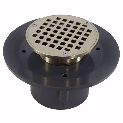 Picture of 3" x 4" Heavy Duty PVC Slab Drain Base with 3" Metal Spud and 5" Nickel Bronze Strainer