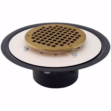 Picture of 4" Heavy Duty PVC Drain Base with 3-1/2" Metal Spud and 6" Polished Brass Strainer