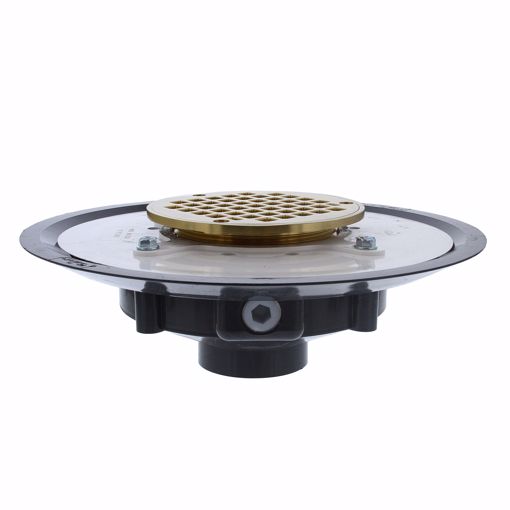 Picture of 2" Heavy Duty PVC Drain Base with 3-1/2" Metal Spud and 5" Polished Brass Strainer