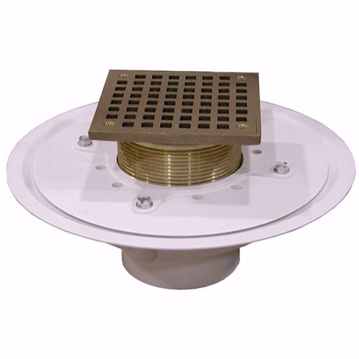 Picture of 3" Heavy Duty PVC Drain Base with 3-1/2" Metal Spud and 6" Polished Brass Strainer