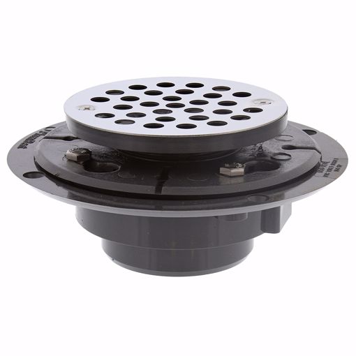 Picture of 2” x 3” PVC Perfect Low Profile Drain with 2” PVC Spud and Round Stainless Steel Strainer