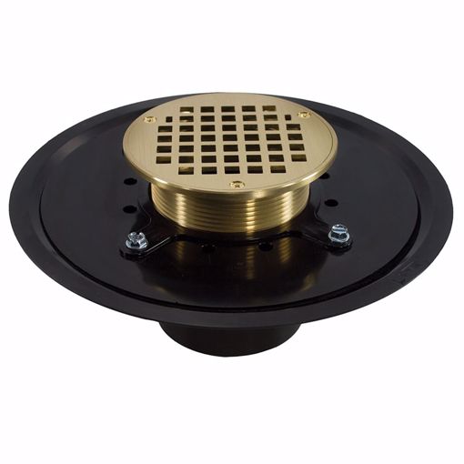 Picture of 4" Heavy Duty ABS Drain Base with 3-1/2" Metal Spud and 5" Polished Brass Strainer