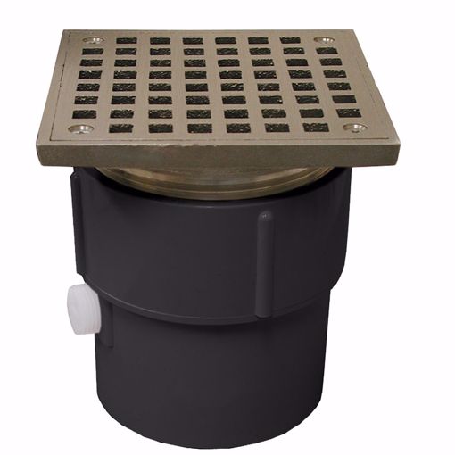 Picture of 3" x 4" PVC Pipe Fit Drain Base with 3-1/2" Metal Spud and 6" Nickel Bronze Strainer