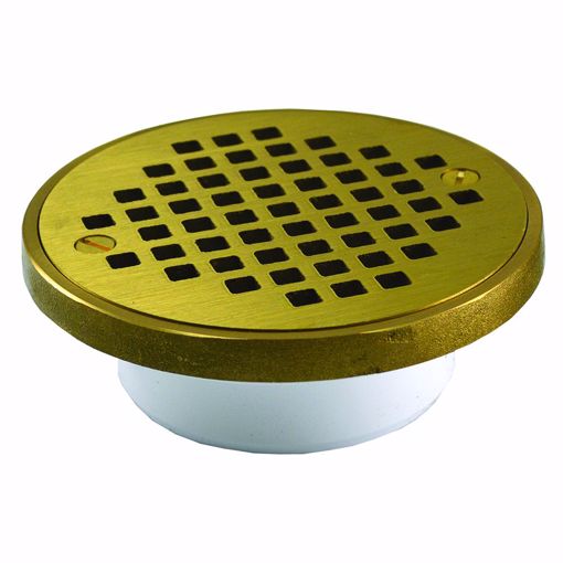 Picture of 2" x 3" General Purpose PVC Drain with 4-1/4" Polished Brass Round Cast Strainer with Ring