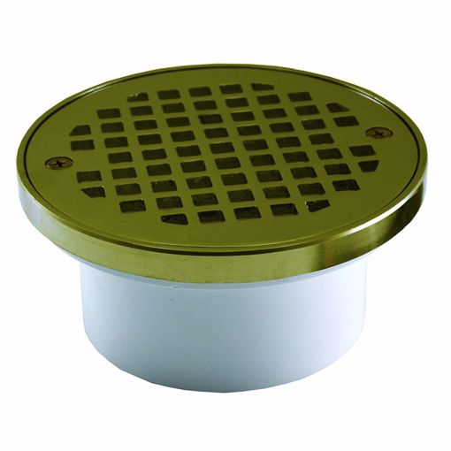 Picture of 3" x 4" General Purpose PVC Drain with 5" Polished Brass Round Strainer with Ring