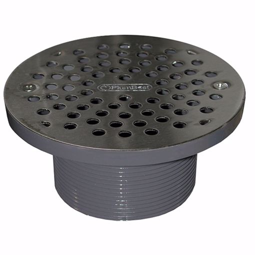 Picture of 3-1/2" PVC IPS Plastic Spud with 6" Stainless Steel Round Strainer