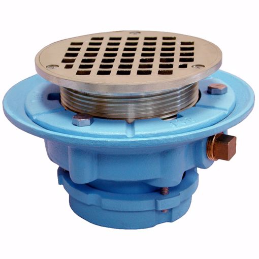 Picture of 2" No Caulk Mechanical Joint Code Blue Floor Drain with 7" Pan and 4" Nickel Bronze Round Strainer - Height 4" - 4-13/16"