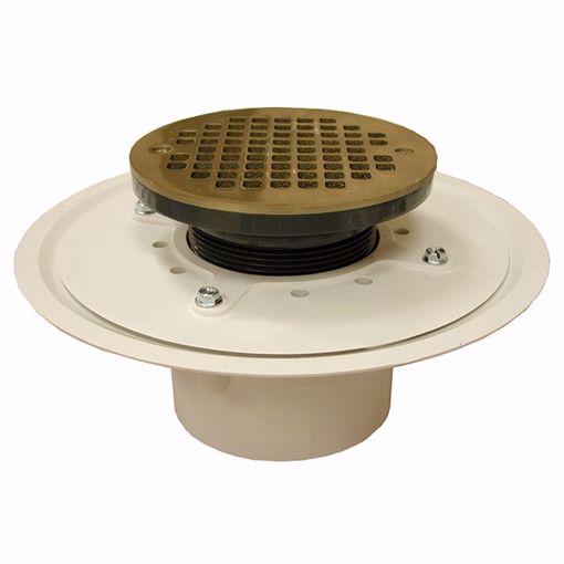 Picture of 4" Heavy Duty PVC Drain Base with 3-1/2" Plastic Spud and 6" Nickel Bronze Strainer