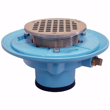 Picture of 4" Push On Code Blue Floor Drain 9" Pan and 4" Nickel Bronze Round Strainer- Height 4-3/4" - 5-1/2"