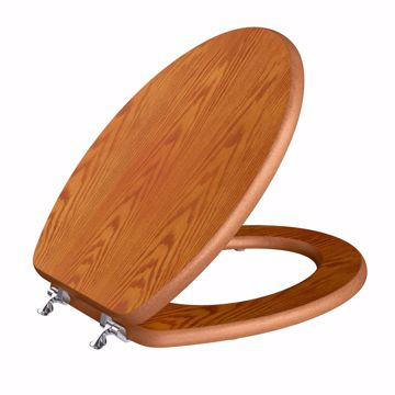 Picture of Oak Designer Wood Toilet Seat, Closed Front with Cover, Chrome Hinges, Elongated