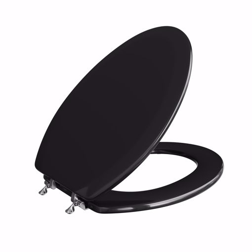 Picture of Black Deluxe Molded Wood Toilet Seat, Closed Front with Cover, Chrome Hinges, Elongated