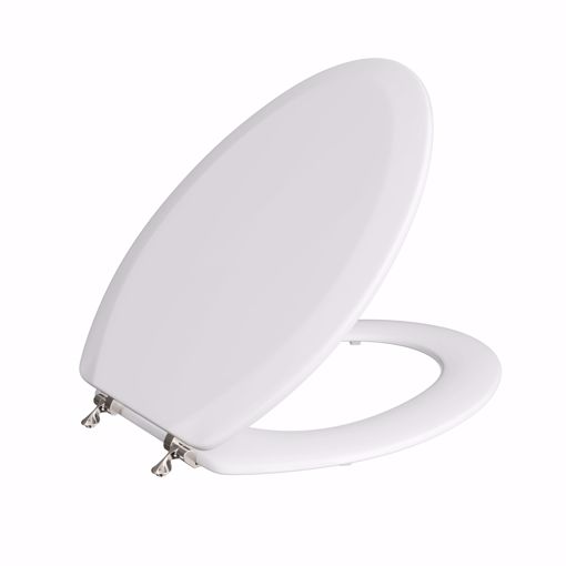 Picture of White Deluxe Molded Wood Toilet Seat, Closed Front with Cover, Brushed Nickel Hinges, Elongated